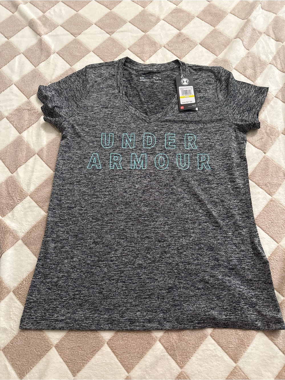 Under Armour Women's Dark Gray Heather Performance V-Neck Tee with Teal Logo
